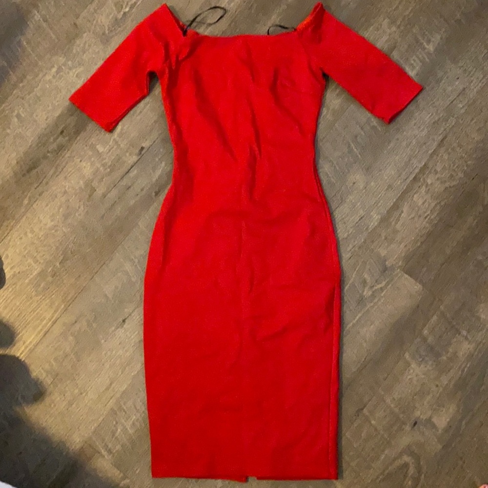 Red bodycon off the shoulder dress